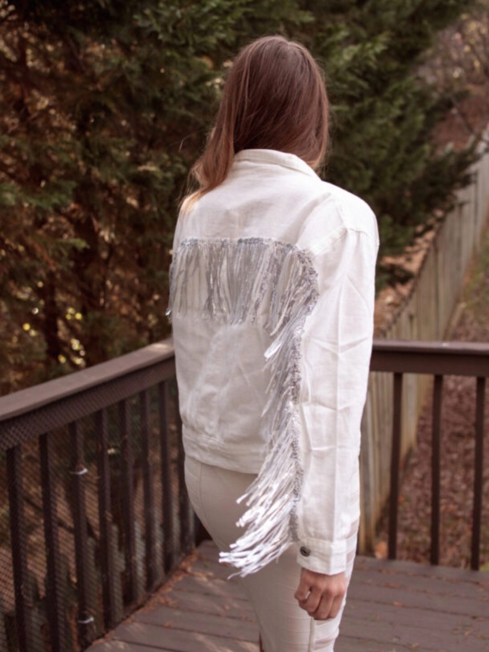 Sequin Fringe White Denim Jacket - Picture 7 of 12